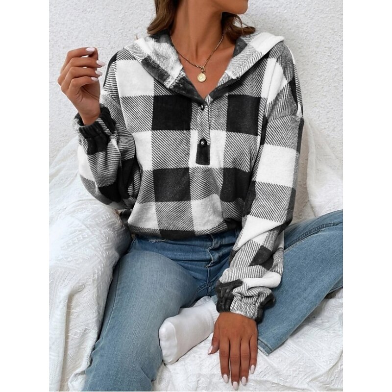 Women's Pullover Hoodie Sweatshirt Plaid Casual Long Sleeve Hooded Regular Tops Street Dailywear Pocket Print Black Brown Khaki Gray Fall Winter3
