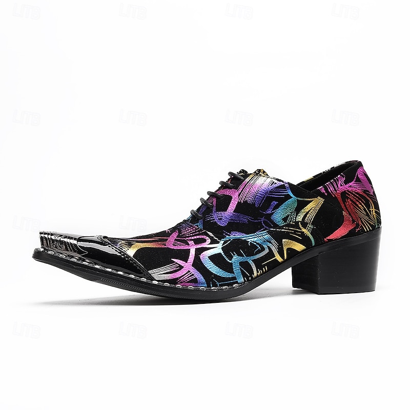 Men's Black Genuine Leather Graffiti Pattern Dress Shoes with Pointed Toe and Block Heel, 100% Cowhide Oxford Shoes for Stage, Parties and Fashion Events3