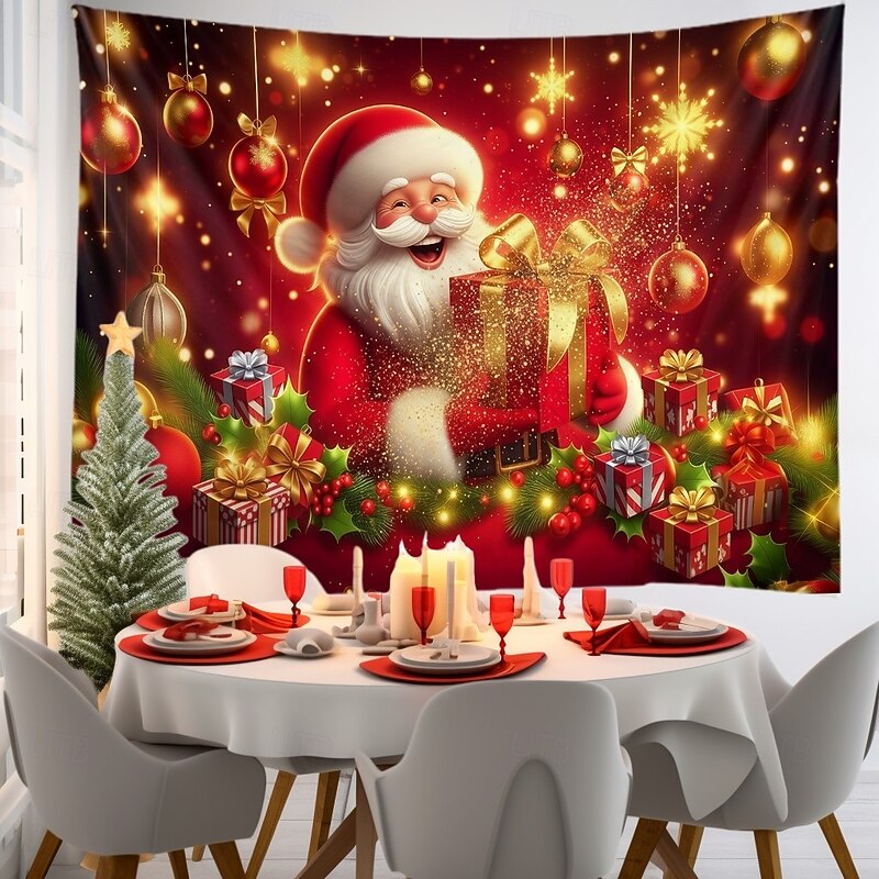 Christmas Hanging Tapestry Santa Claus Holding Gifts with Shiny Christmas Ornaments Sparkling Gold Print Large Wall Art Mural Decor Blanket Curtain Holiday Home Bedroom Living Room Festive Decoration3