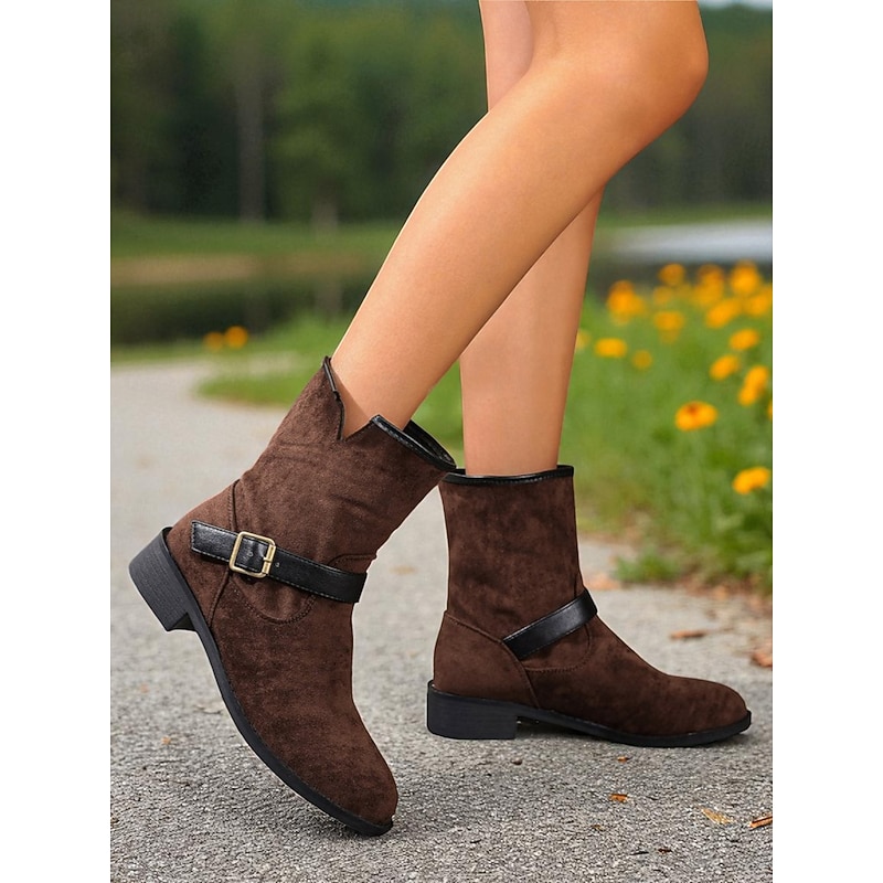 Women's Dark Brown Faux Suede Mid-Calf Boots with Black Buckle Straps, City Nomadic Style Outdoor Riding Boots for Fall Winter Casual Wear