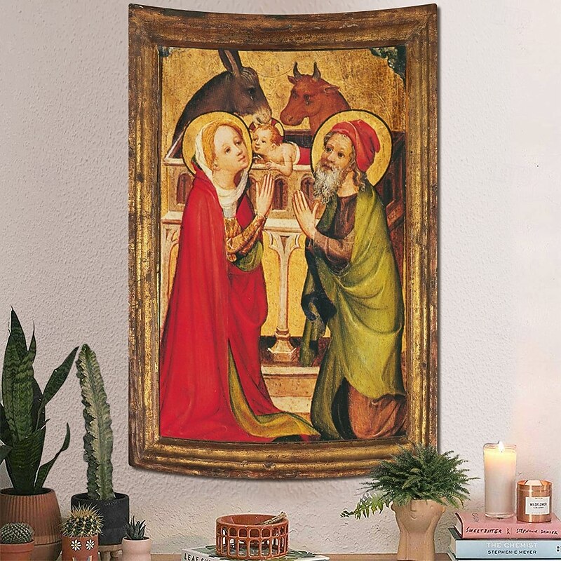 Christmas Hanging Tapestry Jesus Birth Nativity Scene Oil Painting Style  Large Wall Art Mural Decor Blanket Curtain Holiday Home Bedroom Living Room Religious Celebration Decoration Festive Ornament2