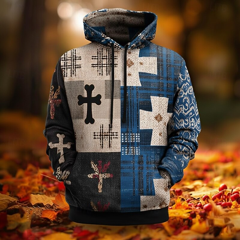 Men's American US Flag Cross Hoodie Sweatshirt Fashion Plaid Crew Neck Outdoor Office Streetwear Red Blue Drawstring Graphic Fall Winter Designer2