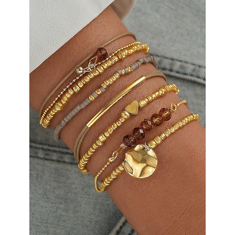 Women's Bohemian Beaded Layered Bracelet Set – Gold and Brown Multi-Strand Bangles with Heart & Charm Accents, Fashion Jewelry for Parties, Festivals and Everyday Wear