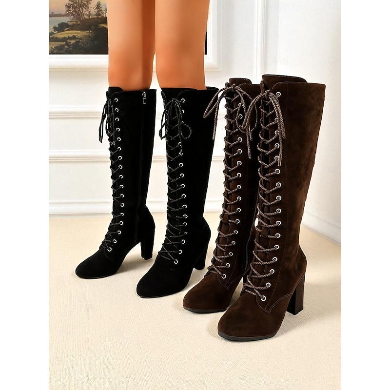Women's Knee-High Lace-Up Suede Boots, Vintage Chic Style Block Heel Tall Boots for Fall & Winter Outfits, Cosplay, and Daily Wear