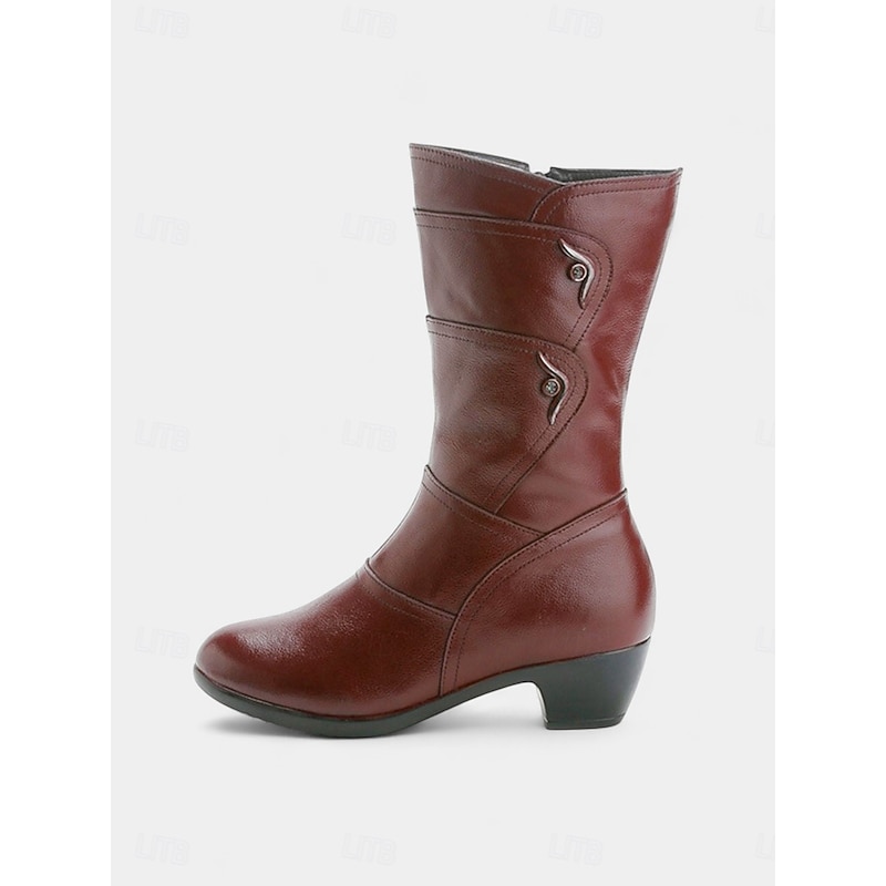 Women's Brown Mid-Calf Boots with Low Block Heels and Side Zipper, Comfortable Leather Casual Fashion Shoes for Daily Wear, Work & Fall Winter Outfits4