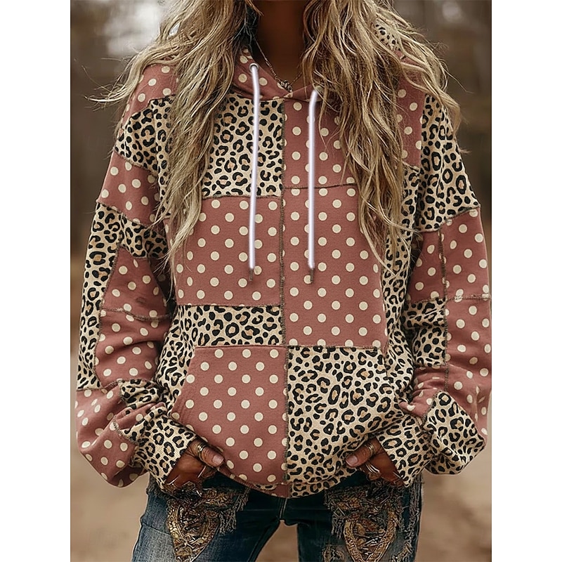 Women's Pullover Hoodies Geometric Fashion Streetwear Casual Long Sleeve Hooded Regular Tops Dailywear Casual Sports Drawstring Patchwork Pocket Red Spring Fall