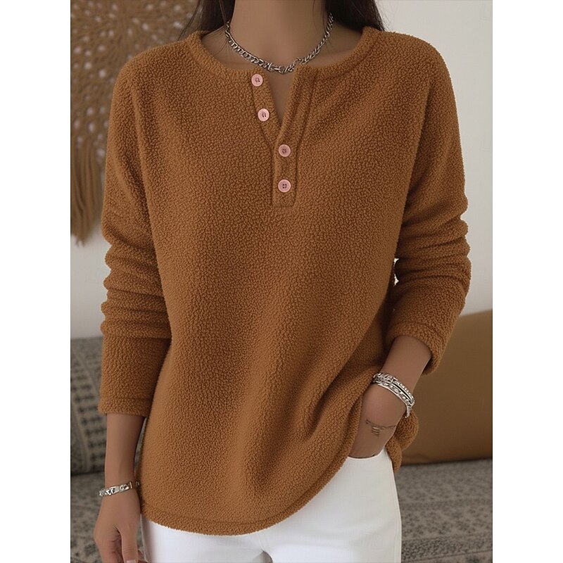 Women's Blouse Solid Color Stylish Casual Long Sleeve Crew Neck Regular Tops Daily Buttons Black Light Green Wine Brown Spring Fall Winter