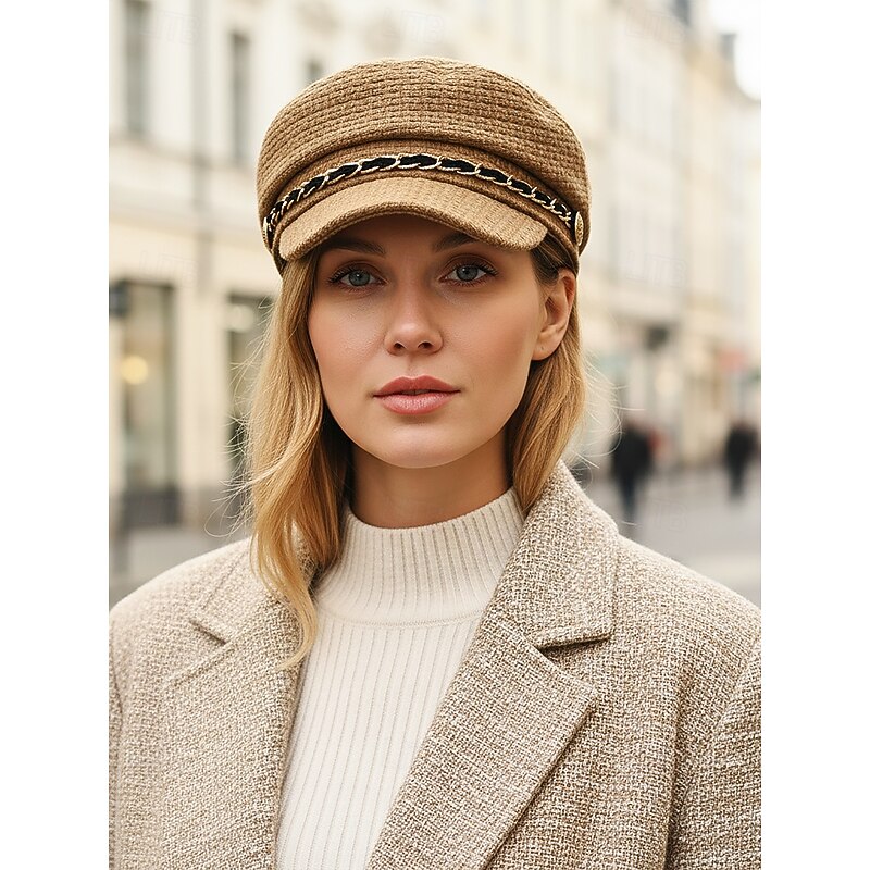 Women's Woven Tweed Baker Boy Hat with Chain Detail – Vintage Newsboy Style Cap for Autumn Winter Casual Outfits and Streetwear2