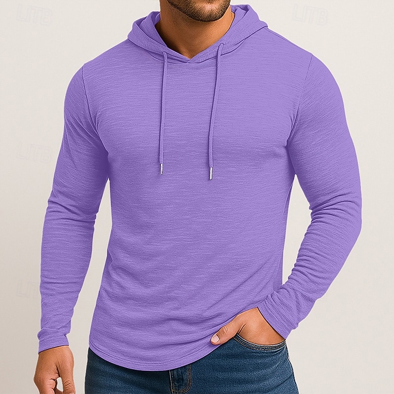 Men's T Shirt Long Sleeve Hooded Spring Fall All Seasons Solid Color Traditional / Vintage Hoodie Hooded Plain Outdoor Casual Activewear Light Blue White Dark Brown Top Tee for Men