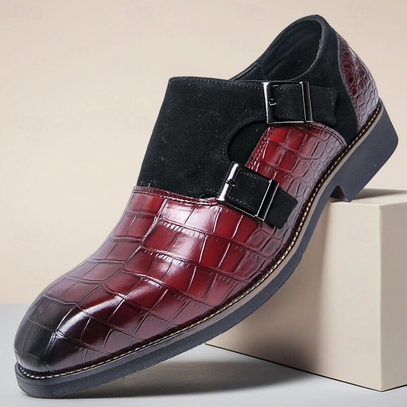 Men's Burgundy Crocodile-Pattern Monk Strap Shoes with Double Buckles, Elegant Business Dress Shoes for Formal Events and Parties