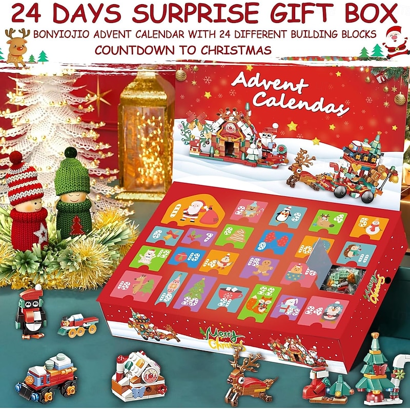 Christmas Advent Calendar Building Blocks for Kids Xmas Countdown Gift, Surprise Toy Gift Box for Boys Girls Age 6-12, 6-in-1 Santa Claus, Christmas Tree, Train & House Building Set, Holiday Present for Kids Age 6+3