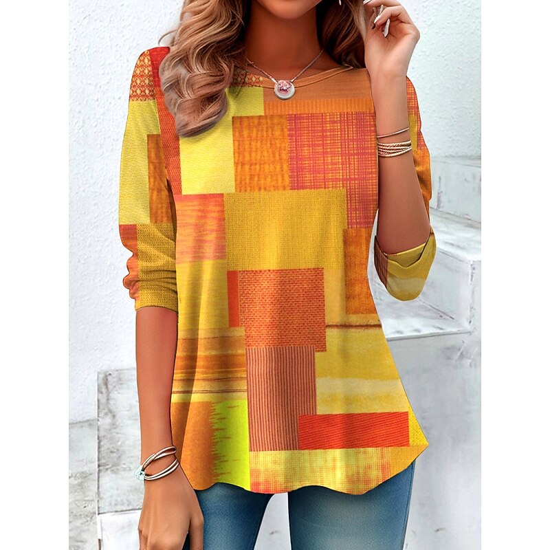Women's T Shirt Graphic Geometric Vintage Fashion Stylish Long Sleeve Crew Neck Round Neck Regular Tops Daily Weekend Print Red Blue Orange Summer Spring Fall2