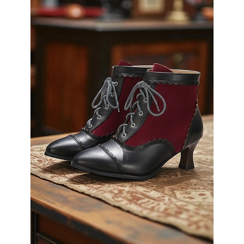 Women's Victorian Lace Up witch Boots with Low Heel, Two Tone Black and White Edwardian 1900s-1910s Style Booties, Vintage Steampunk Gothic Shoes for Cosplay, Parties and Daily Wear