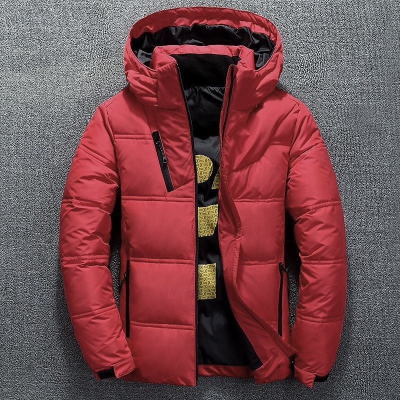 Men's Winter Coat Down Jacket Puffer Jacket Zipper Hooded Office & Career Date Casual Daily Outdoor Casual Sports Winter Solid / Plain Color Dark Grey Black Red Puffer Jacket