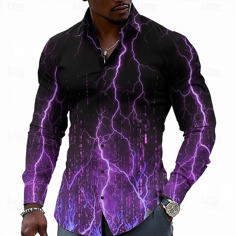 Men's Geometric Lightening Shirt Button Up Shirt Long Sleeve Fashion Casual Holiday Casual Daily Spring Fall Turndown 3D Print Collared Shirts Pink Purple Green3