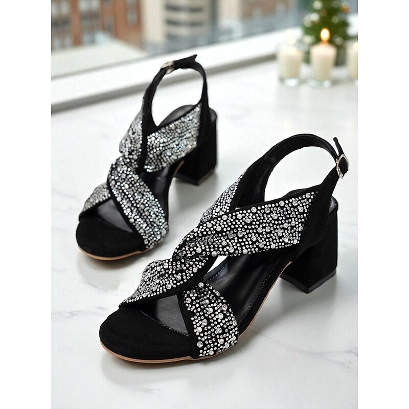 Women's Black Rhinestone Crisscross Block Heel Sandals - Glamorous Open Toe Party Heels for Christmas. New Year's Eve & Evening Events4