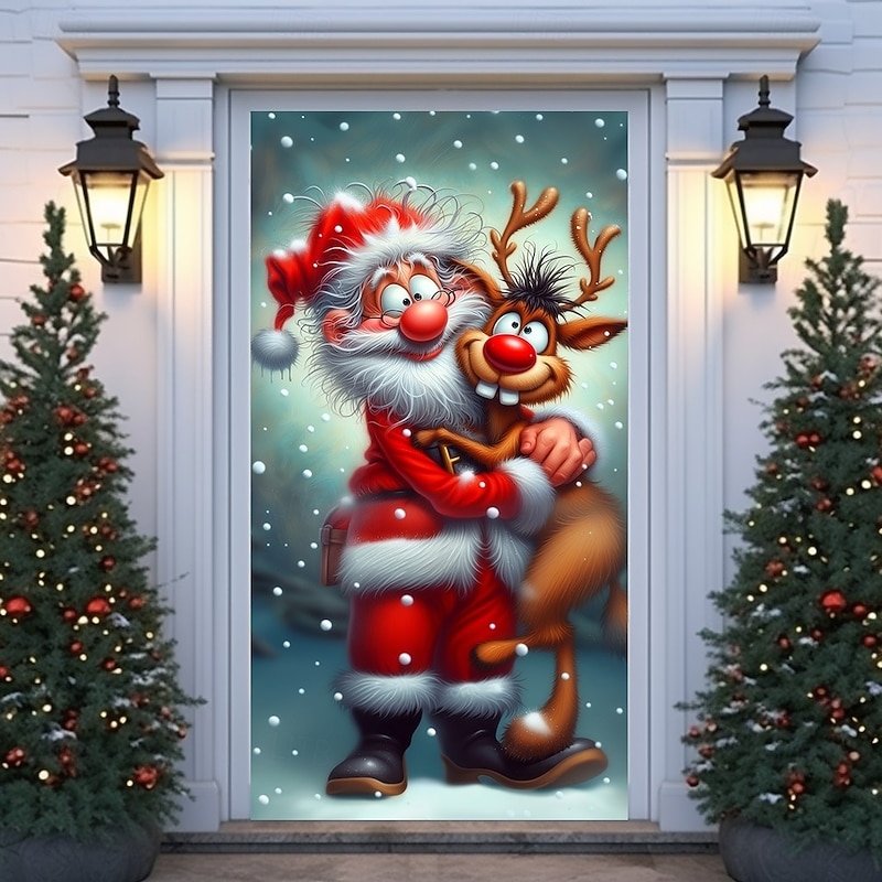 Christmas Door Cover Winter Holiday Decoration Drapes with Santa Claus Reindeer and Christmas Gift Boxes Print for Home Entryway Living Room Bedroom Indoor Outdoor Festive Seasonal Decor