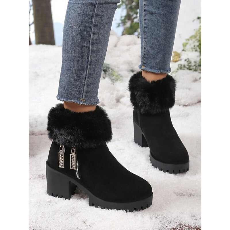 Women's Black Faux Suede Fur-Lined Ankle Boots, Warm Zip-Up Chunky Heel Winter Booties for Snow, Outdoor Wear & Christmas Outfits