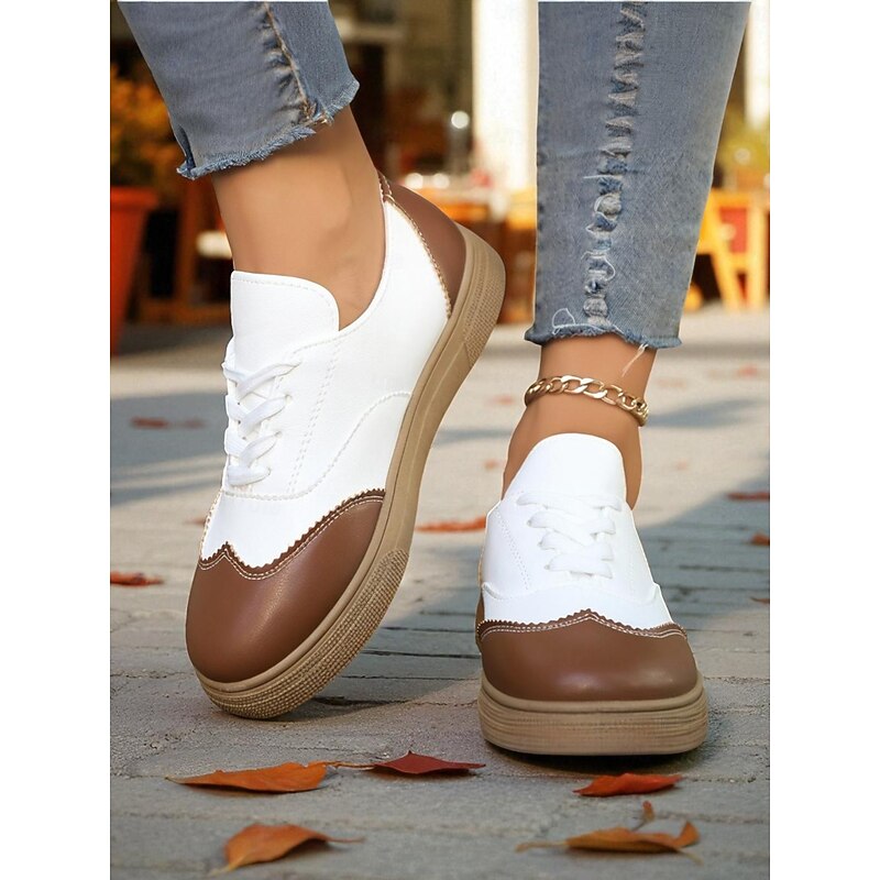 Women's Brown and White Oxford Style Casual Sneakers - Retro Lace-Up Comfortable Walking Shoes for Daily Wear, Travel & Outdoor Activities3