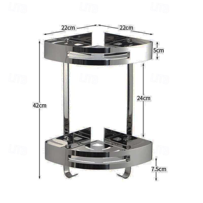 Multifunction Bathroom Shelf Modern Stainless Steel Wall Mounted Corner Shelf With Hooks Silvery 1pc2