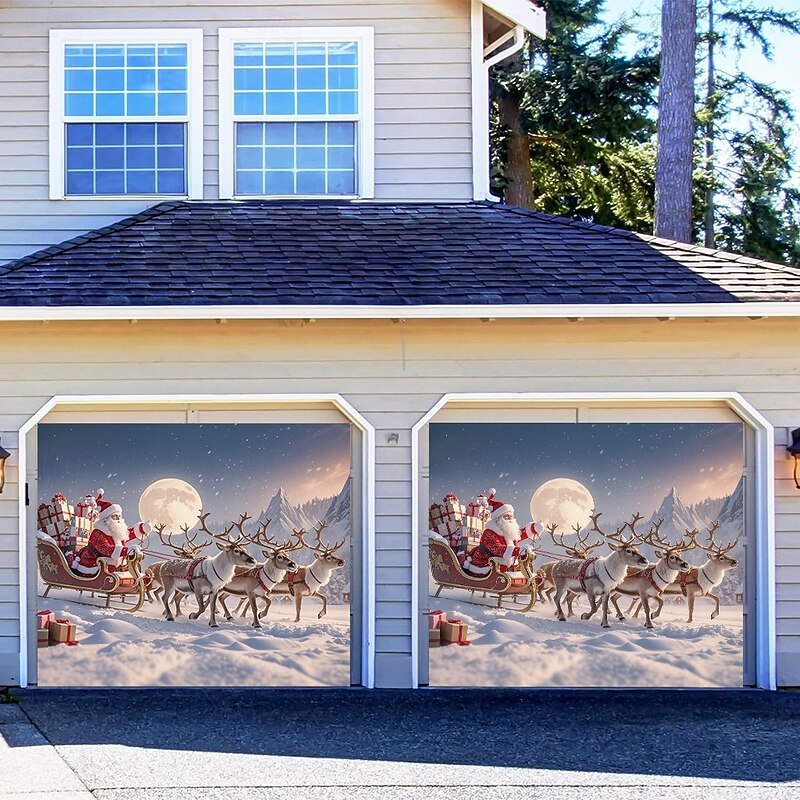 Christmas Garage Door Cover Santa Claus with Reindeer Skiing under Moonlight Large Hanging Backdrop Outdoor Holiday Wall Banner Yard Home Festive Seasonal Christmas Decoration3