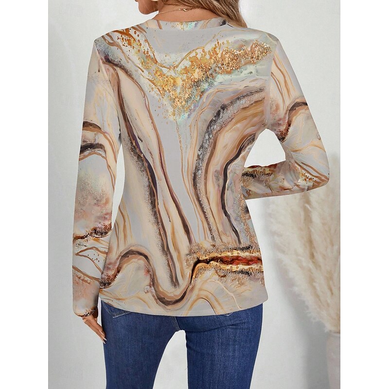 Women's T Shirt Graphic Scenery Vintage Stylish Casual Long Sleeve V Neck Regular Tops Daily Print Khaki Spring Fall2