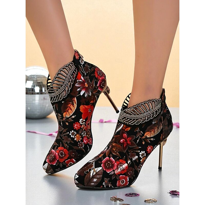Women's Floral Velvet Ankle Boots - Pointed Toe Stiletto High Heel Booties with Rhinestone Collar for Nightlife Party & Clubwear
