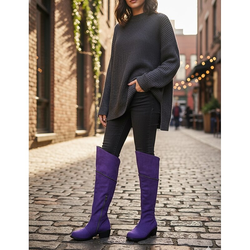 Women's Purple Suede Knee-High Boots with Side Zipper and Studded Detailing - Stylish Casual Footwear for Fall and Winter4