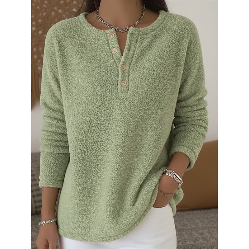Women's Blouse Solid Color Stylish Casual Long Sleeve Crew Neck Regular Tops Daily Buttons Black Light Green Wine Brown Spring Fall Winter2