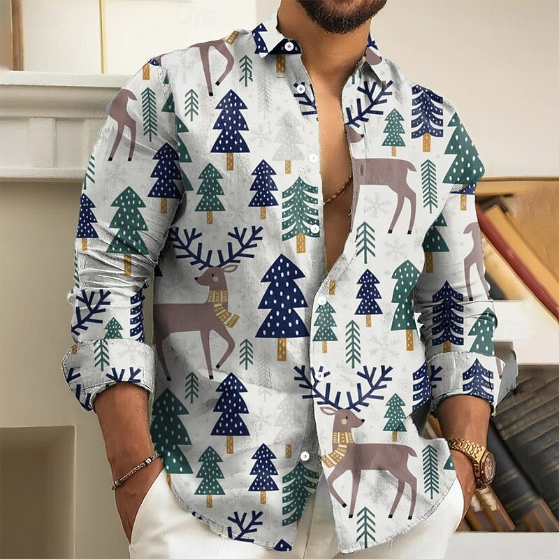 Men's Tree Reindeer Plants Shirt Button Up Shirt Long Sleeve Vintage Retro Holiday Casual Daily Spring Fall Turndown 3D Print Collared Shirts Pink Blue Light Grey