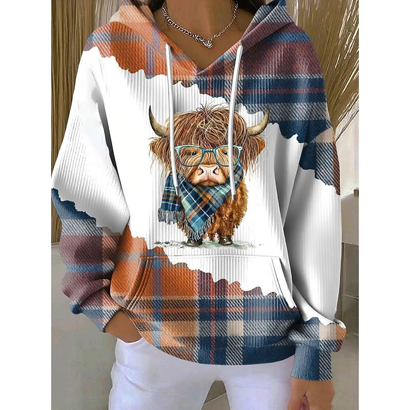 Women's Pullover Hoodie Sweatshirt Graphic Plaid Cow Punk Active Vintage Long Sleeve Hooded Regular Tops Street Dailywear Casual Print Front Pocket Orange Spring Fall Winter