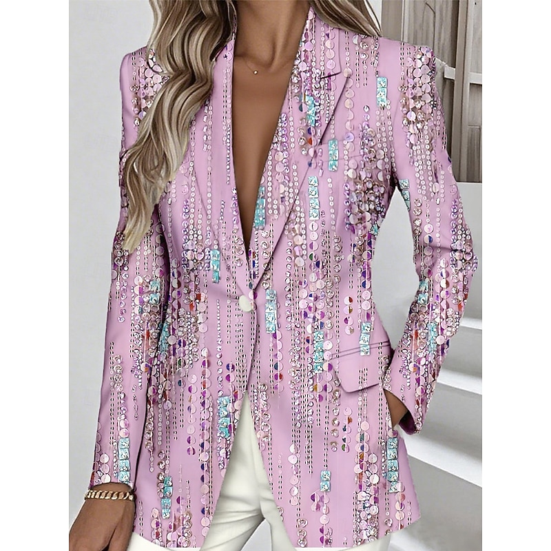 Women's Blazer Warm Pocket Buttons Daily Casual Geometric Formal Casual Regular Notch Lapel Regular Fit Long Sleeve Outerwear Blue Purple Green Spring Fall2