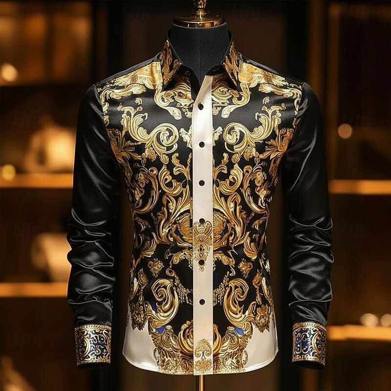 Men's Floral Print Ethnic Baroque Shirt Satin Shirt Dress Shirt Long Sleeve Vintage Retro Vacation Dailywear Summer Spring Fall Turndown 3D Print Button Up Shirts Black Burgundy Dark Blue2