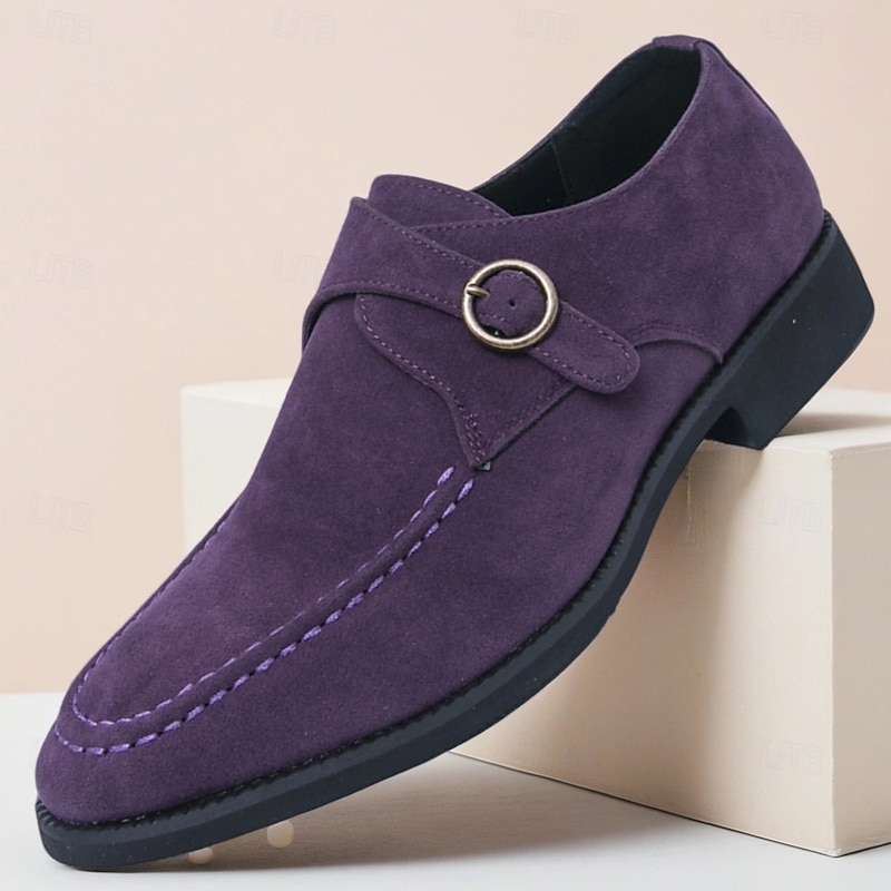 Men's Purple Suede Monk Strap Shoes with Metal Buckle, Vintage British Style Dress Shoes for Formal Events, Parties and Fashion Enthusiasts