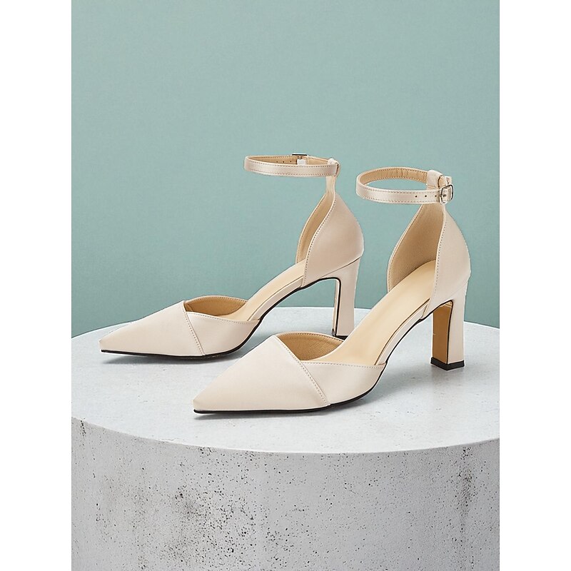 Women's Almond Satin Ankle Strap Heels with Pointed Toe and Block Heel - Elegant Wedding Party Dress Shoes for Ladies, Ideal for Formal Events & Evening Wear4