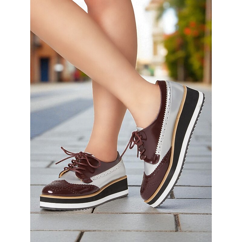 Women's Burgundy and White Patent Faux Leather Oxford Platform Shoes with Brogue Detailing - 1950s Vintage Chunky Lace-Up Dress Shoes for Ladies, Perfect for Parties, Work & Casual Fashion3