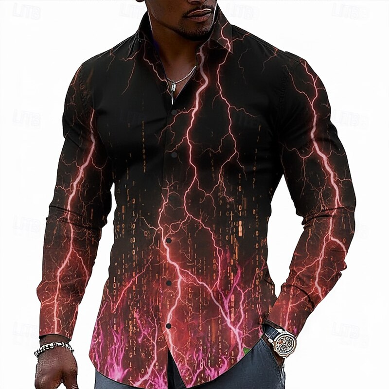 Men's Geometric Lightening Shirt Button Up Shirt Long Sleeve Fashion Casual Holiday Casual Daily Spring Fall Turndown 3D Print Collared Shirts Pink Purple Green2