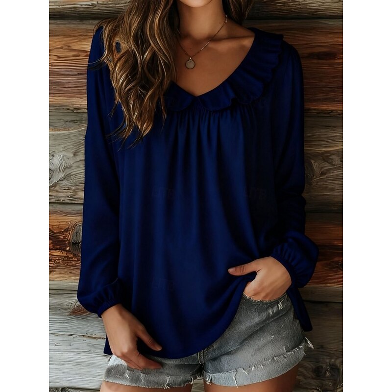 Women's Blouse Solid Color Stylish Casual Long Sleeve Crew Neck Regular Tops Daily Ruffle Navy Blue Blue Fuchsia Apricot Spring Fall Winter2