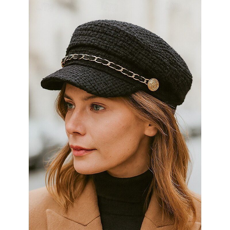 Women's Woven Tweed Baker Boy Hat with Chain Detail – Vintage Newsboy Style Cap for Autumn Winter Casual Outfits and Streetwear3