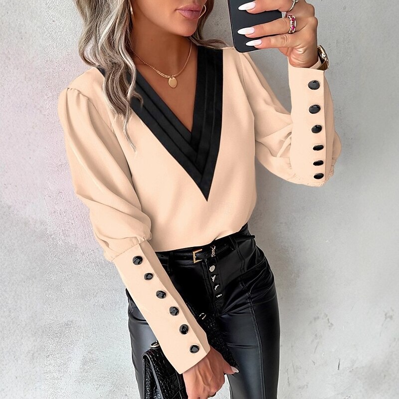 Christmas Women's Shirt Solid Color Plain Elegant Vintage Daily Long Sleeve V Neck Regular Tops Work Party Evening Wear Daily Patchwork Print White Pink Wine Khaki Spring Fall Winter Spring, Fall3