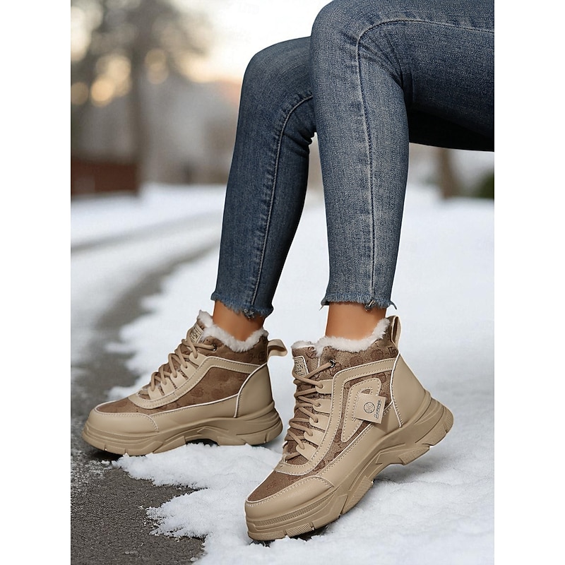 Women's Khaki Fur-Lined Combat Boots, Warm Casual Winter Boots with Anti-Slip Sole, Cozy Outdoor Footwear for Cold Weather & Travel2