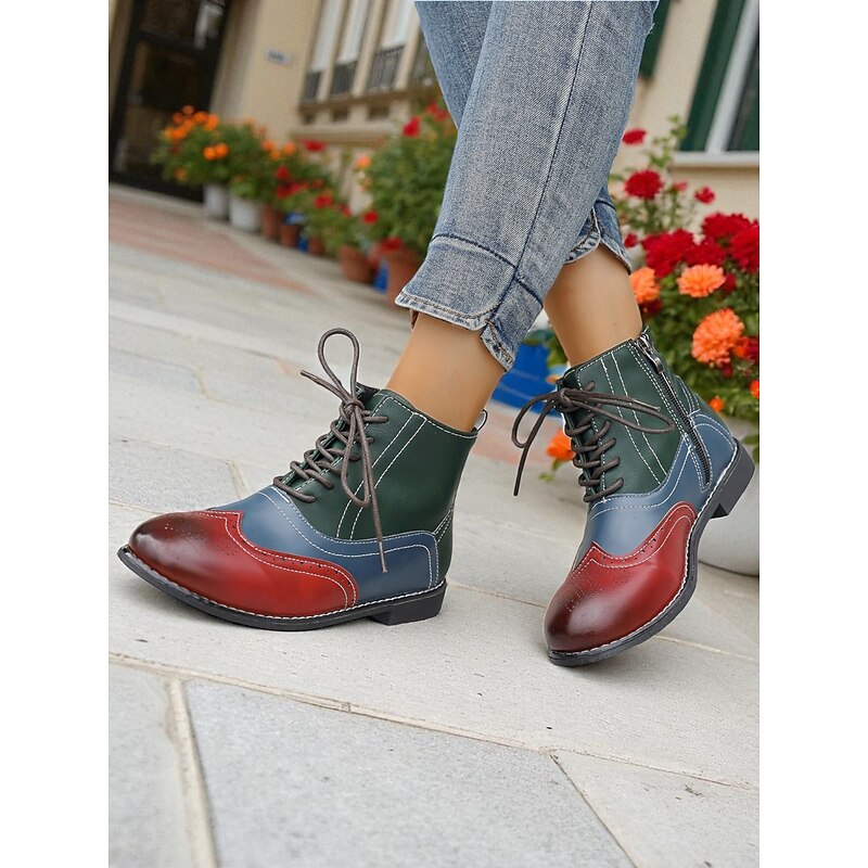Women's Color Block Oxford Ankle Boots with Lace-Up Design and Side Zipper, 1950s Vintage Brogue Style Casual Fashion Boots for Daily Wear & Street Outfit4