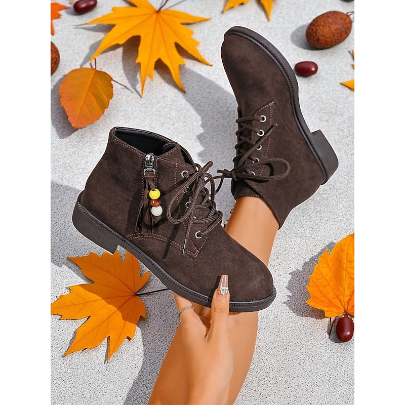 Women's Dark Brown Lace-Up Ankle Boots with Side Zipper and Beaded Tassel Detail, Comfortable Low Heel City Nomadic Style Faux Suede Boots for Casual Daily Outfits Wear