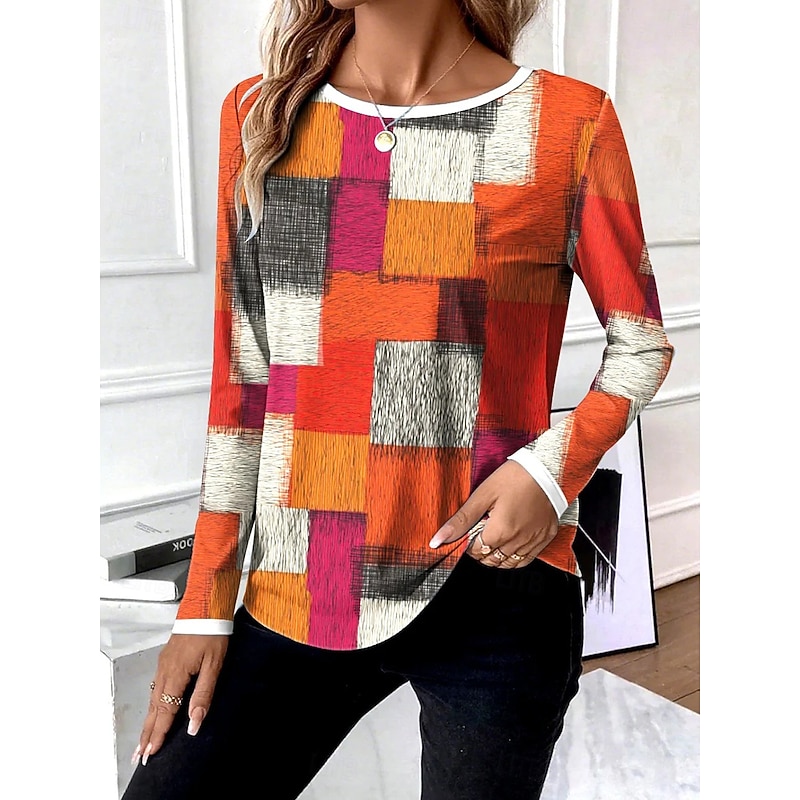 Women's T Shirt Graphic Geometric Abstract Vintage Fashion Stylish Long Sleeve Crew Neck Round Neck Regular Tops Daily Weekend Print Purple Orange Gray Summer Spring Fall - Main Image