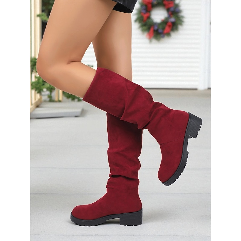Women's Burgundy Faux Suede Slouchy Boots with Non-Slip Sole, Casual Mid Calf Boots for Christmas, Outdoor & Everyday Wear