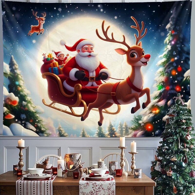 Christmas Hanging Tapestry Santa Claus with Reindeer under Moonlight Large Wall Art Mural Decor Blanket Curtain Holiday Home Bedroom Living Room Festive Seasonal Winter Holiday Decoration