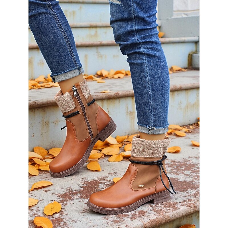 Women's Brown Faux Leather Ankle Boots with Knit Cuff and Side Zipper, Casual Warm Non-Slip Winter Booties for Outdoor & Everyday Wear4