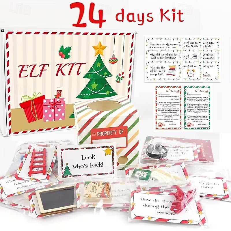 24-Day Christmas Elf Arrival Kit Christmas Countdown Kit with Jokes and Surprises Elf Set 24 Days of Christmas