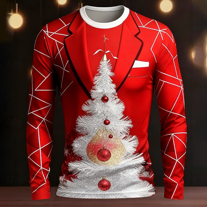 Christmas Men's Tuxedo Costume T Shirt Long Sleeve T shirt 3D Print Crew Neck Shirt Fashion 3D Street Casual Daily Red Summer Spring Clothing Apparel S M L XL XXL XXXL