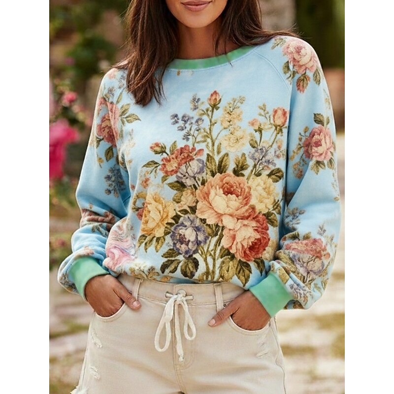 Women's Pullover Sweatshirts Floral Fashion Streetwear Casual Long Sleeve Crew Neck Round Neck Regular Tops Dailywear Casual Print Blue Spring Fall